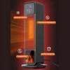 A black vertical heater with an orange glowing heating element, surrounded by red and black background with feature callouts. Náhľad obrázku produktu