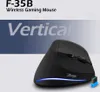 A black vertical gaming mouse with blue LED lighting, shown on a light gray surface with a blue gradient background. Text overlays indicate the product name and features. Produktbild-Vorschau