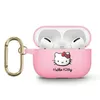 A pink Hello Kitty AirPods 3 case with a gold carabiner is shown against a white background. The case is open, revealing white AirPods inside. Podgląd zdjęcia produktu