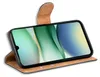 A brown flip case for a smartphone is shown open, displaying the phone's screen with a colorful abstract wallpaper. Náhľad obrázku produktu