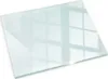A clear glass plate, likely a hearth plate or protective glass, is shown on a white background. Reflections of a window with multiple panes are visible on the surface of the glass. Produktbild-Vorschau