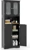 A black bathroom cabinet with glass doors on top and solid doors below, shown with one lower door open to reveal shelves with various items. Náhľad obrázku produktu
