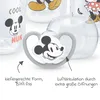 A close-up of a Mickey Mouse themed pacifier with text annotations. Produktbild-Vorschau