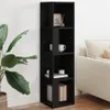 A black corner shelf unit is shown in a room next to a sofa and a plant. Náhled obrázku produktu