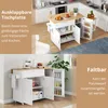 A split image showing a kitchen island with its tabletop extended and another view of a smaller kitchen cart with its doors open. Produktbild-Vorschau