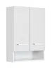 A white wall-mounted cabinet with two doors and an open shelf below. Produktbild-Vorschau