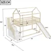 A diagram showing the dimensions of a wooden bunk bed with a slide and stairs. Náhľad obrázku produktu