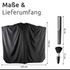 A diagram showing the dimensions of a black hairdressing cape, a comb, and a brush. Produktbild-Vorschau