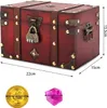 A decorative wooden treasure chest with a combination lock, a gold coin, and a pink gem, with dimensions indicated. Produktbild-Vorschau