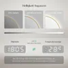 Marketing image showing different brightness settings and digital displays for a mirror. Produktbild-Vorschau
