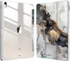 Two views of an iPad Air case, one showing the back of the iPad with the case on, and the other showing the front of the case with a marble design. Produktbild-Vorschau