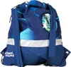 Back view of a blue drawstring backpack with a soccer ball graphic. Produktbild-Vorschau