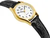 A close-up, angled shot of a gold-toned Casio women's wristwatch with a white face and a black leather strap, set against a white background. Produktbild-Vorschau