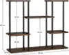 A multi-tiered plant stand with wooden shelves and black metal supports, shown with dimensions indicated. Podgląd zdjęcia produktu