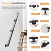 An image showing the installation steps for a black metal handrail on a wall next to stairs. Produktbild-Vorschau