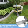 A garden scene with a flexible metal edging being installed around a flower bed. A wheelbarrow and shovel are also present. Produktbild-Vorschau