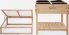 Two wooden gardening items are shown against a white background. On the left is a cold frame with its lid open. On the right is a raised garden bed with a shelf underneath. Produktbild-Vorschau