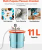 A marketing image showcasing a vacuum chamber with three inset images demonstrating its uses: resin degassing, plaster degassing, and wood stabilization. The vacuum chamber itself is prominently displayed with its capacity indicated. Náhľad obrázku produktu