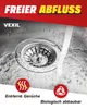 A close-up of a sink drain with water flowing into it, with marketing text and icons overlaid. Produktbild-Vorschau