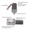 Two views of a geared DC motor with labels indicating its features and components. Podgląd zdjęcia produktu