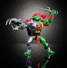 A Teenage Mutant Ninja Turtle action figure, Raphael, in armor, holding weapons, against a gradient background. Voir les images du produit