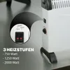 A close-up view of a white electric heater with controls and a magnified inset showing switch details and wattage options. Náhled obrázku produktu