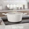 A white pot with a gold handle sits on a black induction cooktop, with icons and text indicating its features. Produktbild-Vorschau