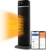 A black Philips oscillating fan with a digital display showing '25' degrees Celsius, emitting a bright orange glow of heated air. Two smartphone screens showing a Philips app are displayed in the foreground. Anteprima dell’immagine prodotto