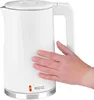 A hand is touching a white electric kettle.
