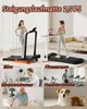 A collage showing a treadmill in different settings and use cases, including a woman running on it, a woman using it with a standing desk, a man working at a desk, an elderly man using a walker, and a dog. Produktbild-Vorschau