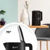 A black electric kettle is shown on a shelf with decorative items, with a close-up inset highlighting the kettle's lid opening at a 75-degree angle. Produktbild-Vorschau