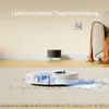 A robot vacuum cleaner is shown cleaning a carpet, with a charging station and an electrical outlet visible in the background. Voir les images du produit