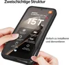 A person's hands are holding a phone case, demonstrating its two-layer structure. The phone inside the case displays marketing information. Produktbild-Vorschau