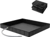 A black foldable shower tray with a hose attached is shown, with a folded version of the tray in the upper right corner. Produktbild-Vorschau