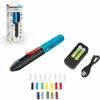 A product shot of a Bosch Gluey hot glue pen and its accessories, including batteries, a charging dock, a USB cable, and various colored glue sticks. Produktbild-Vorschau