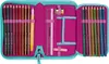An open pencil case with various colored pencils, a ruler, a sharpener, and an eraser. Produktbild-Vorschau