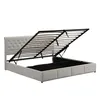 A bed frame with its mattress support system lifted to reveal the storage space underneath. Produktbild-Vorschau
