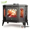 A black cast iron wood-burning stove with a fire burning inside, set against a white background. Náhľad obrázku produktu