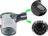 A collage showing a vacuum cleaner dustbin and close-up views of its connection points. Produktbild-Vorschau