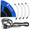 A collection of parts for a swing set, including a blue swing seat, white padded swing frame pieces, and black ropes with metal connectors. Voir les images du produit