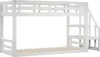 A white wooden bunk bed with a staircase on the right side, shown against a white background. Produktbild-Vorschau