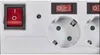 A close-up view of a white power strip with multiple outlets and red switches. Produktbild-Vorschau