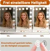 A collage of three images showing a woman in a makeup mirror with adjustable lighting, along with a slider and text indicating brightness control. Produktbild-Vorschau