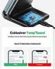 A close-up of a wireless charger with a diagram of its internal components, followed by a comparison of battery health after 6 months of use with and without the charger. Produktbild-Vorschau