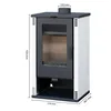 A white and black wood-burning stove with dimensions indicated by measurement lines and text. Produktbild-Vorschau