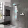 A modern bathroom with a sleek stainless steel shower panel with LED lights. Produktbild-Vorschau