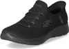 A black Skechers slip-on shoe is shown from a side-angle on a white background. Voir les images du produit