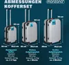 A size chart showing three different sizes of suitcases with their dimensions, volumes, and recommended usage. Anteprima dell’immagine prodotto