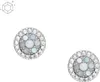 Two silver stud earrings with a circular design featuring small, round gemstones in shades of white, blue, and gray, surrounded by small clear stones. Produktbild-Vorschau
