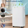 A white dehumidifier is shown in a room with clothes hanging in the background, illustrating various problems it can solve. Small circular images highlight issues like allergies, mold, material damage, musty smells, and rheumatism. Náhled obrázku produktu